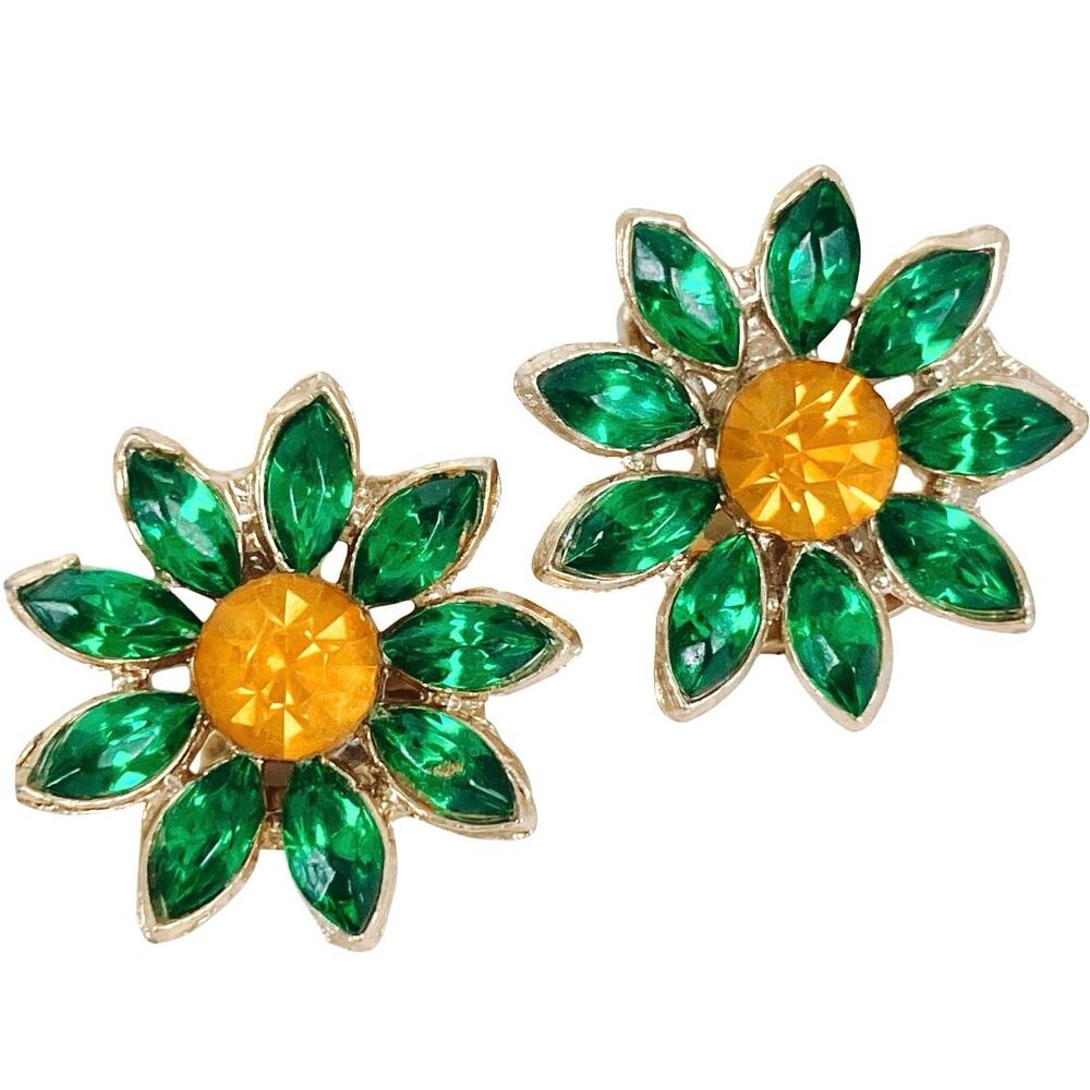 Vintage Marquise Rhinestone Flower Clip On Earrings Yellow Green Daisies
